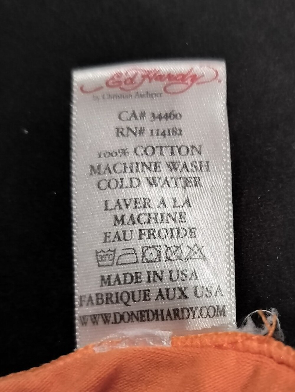 Vintage Ed Hardy Orange Graphic Tee with Rhinestone Gamble Motif - XL - Picture 8 of 9
